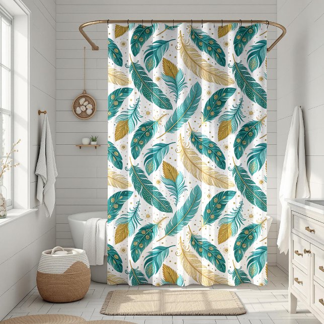 Boho Teal and Gold Feathers Shower Curtain (Boho Teal and Gold Feathers Shower Curtain in a sunny white boho bathroom.)