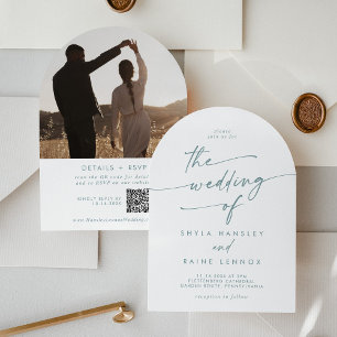 Boho Teal and White Photo QR Code Arch Wedding Invitation