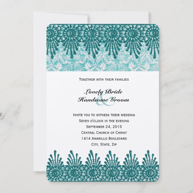 Boho Teal Blue Damask Wedding Invitation (Front)