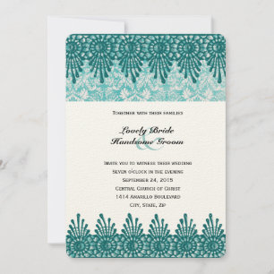 Boho Teal Blue Damask Wedding Invitation