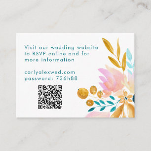 Boho Teal Blue Gold Pink Watercolor Floral QR Code Enclosure Card