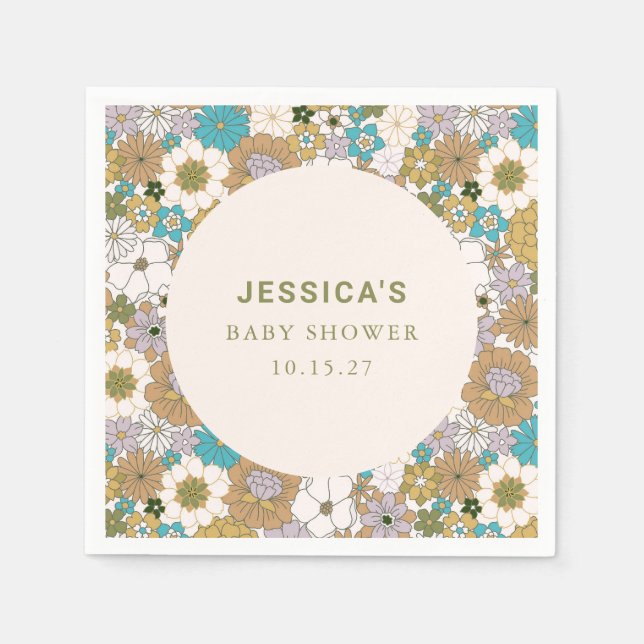 Boho Teal Brown Floral Cute Baby Shower Custom Napkin (Front)
