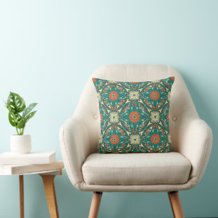 Boho Teal & Burnt Orange Mandala Floral Cushion