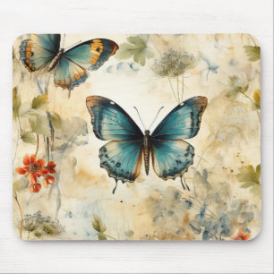 Boho Teal Butterfly Botanical Garden Print Mouse Pad