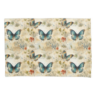 Boho Teal Butterfly Botanical Garden Print Pillowcase