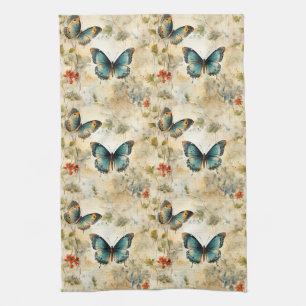 Boho Teal Butterfly Botanical Garden Print Tea Towel