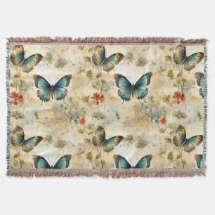 Boho Teal Butterfly Botanical Garden Print Throw Blanket