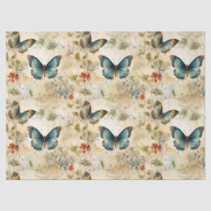 Boho Teal Butterfly Botanical Garden Print Tissue Paper