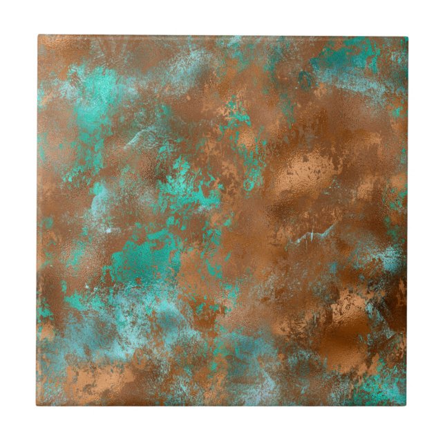 Boho Teal Copper Grunge Ceramic Tile (Front)