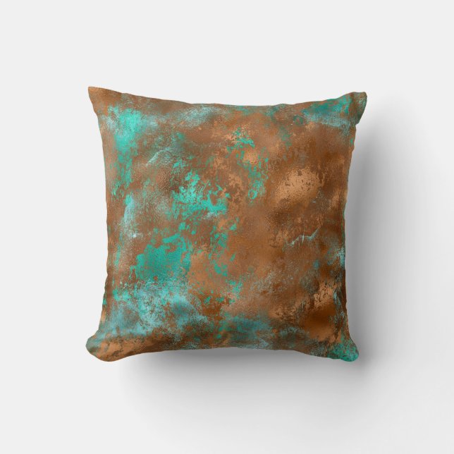 Boho Teal Copper Grunge Cushion (Front)