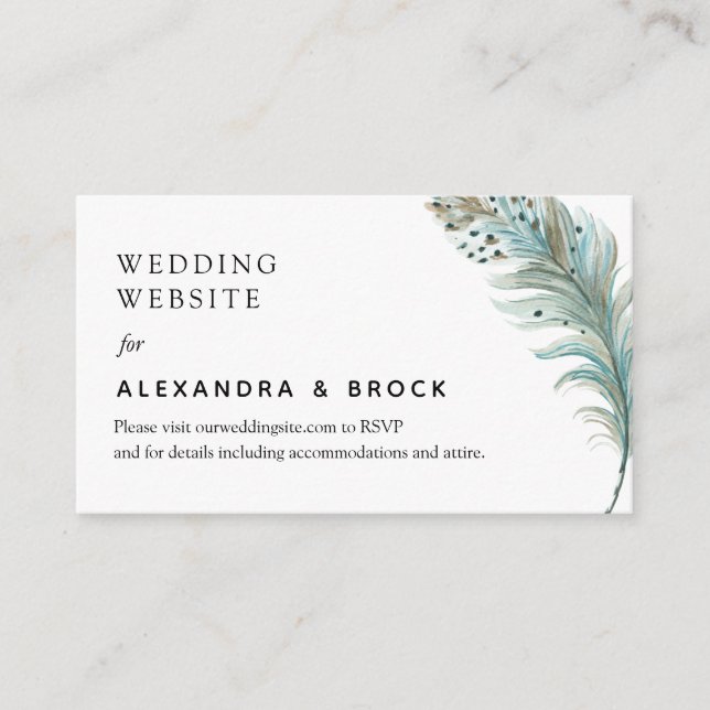 Boho Teal Feather Minimal Wedding Details Website  Enclosure Card (Front)