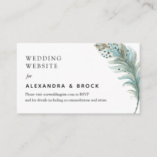 Boho Teal Feather Minimal Wedding Details Website Enclosure Card