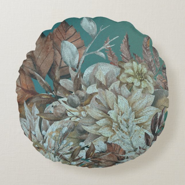 Boho Teal Floral Distressed Round Cushion (Front)