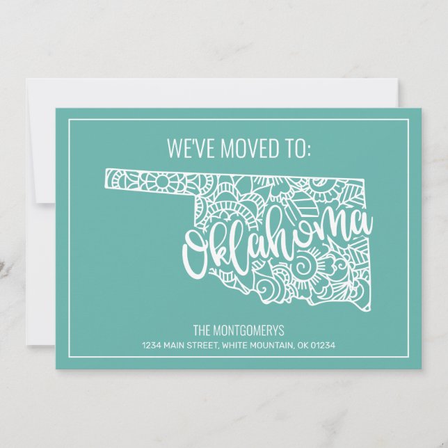 Boho Teal Floral Mandala Oklahoma State Moving Announcement (Front)