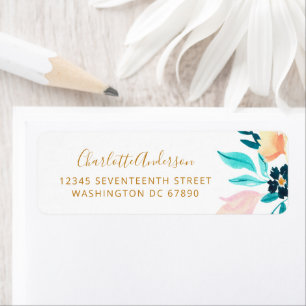 Boho Teal Gold Watercolor Flowers Return Address Label