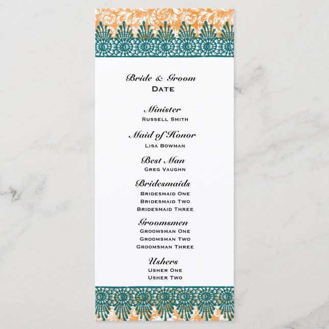 Boho Teal Orange Damask Wedding Program (Front)