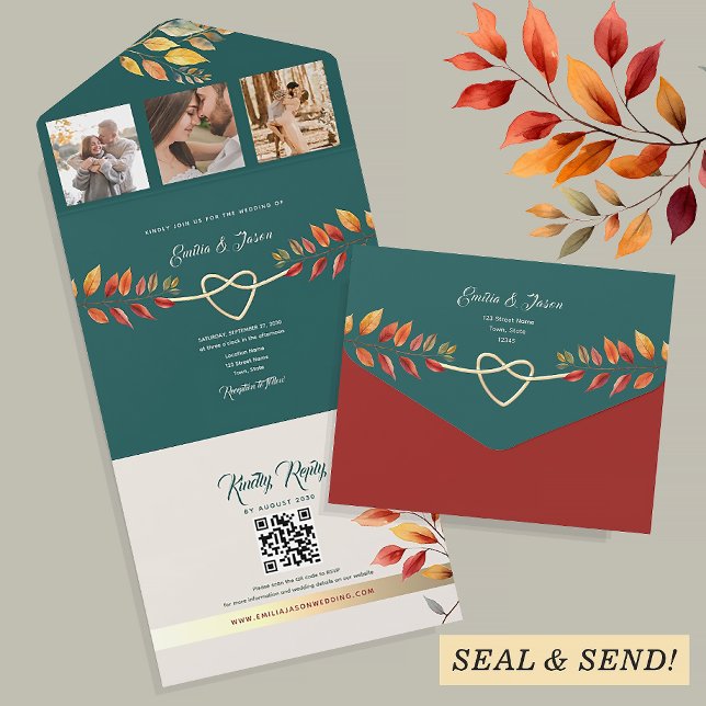 Boho Teal Orange Fall Wedding All In One Invitation (Creator Uploaded)