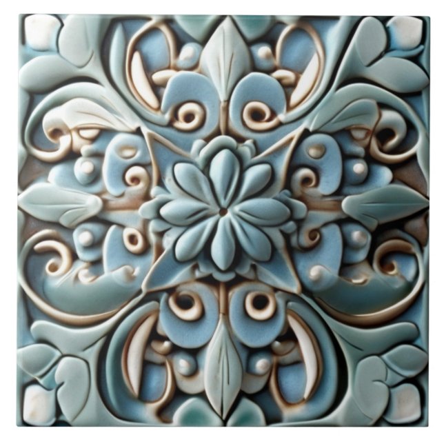 Boho Teal Turquoise Faux Relief Botanical Flower Ceramic Tile (Front)