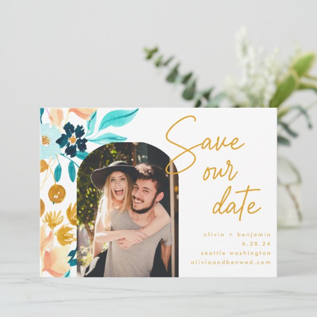 Boho Teal Watercolor Flowers Photo Wedding   Save The Date (Standing Front)