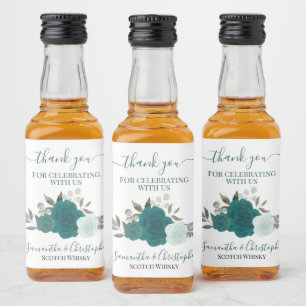 Boho Teal Watercolor Roses Wedding Thank You Mini Liquor Bottle Label