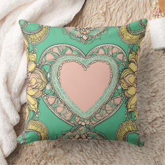 Boho teal & yellow heart mandala floral AI art Cushion