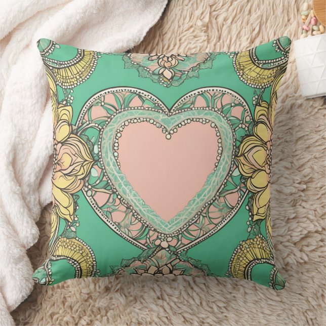 Boho teal & yellow heart mandala floral AI art  Cushion (Blanket)