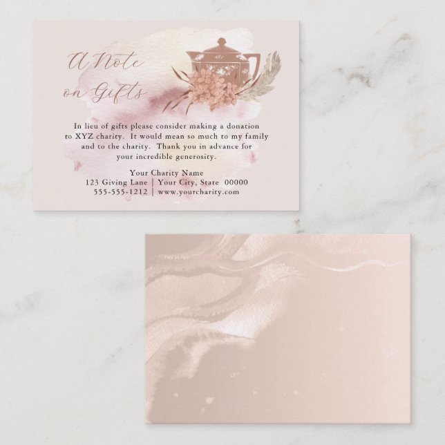 Boho Teapot Hydrangeas Donation Instead of Gifts Enclosure Card (Front/Back)