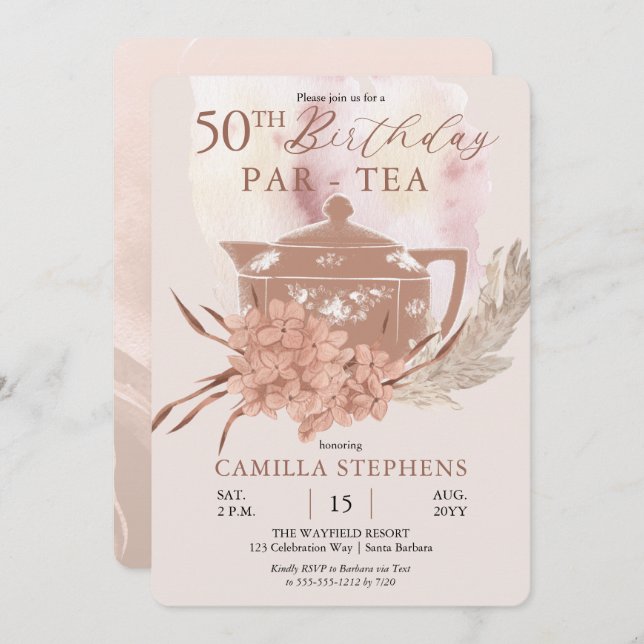 Boho Teapot Hydrangeas Pampas 50th Birthday Party  Invitation (Front/Back)
