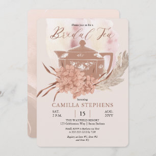 Boho Teapot   Hydrangeas   Pampas Grass Bridal Tea Invitation
