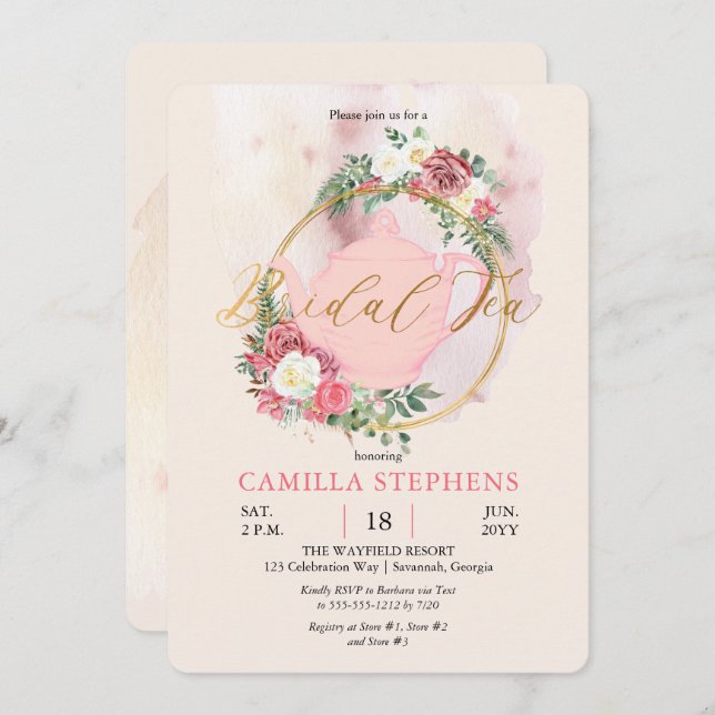 Boho Teapot | Pink Rose Wreath Bridal Tea Shower Invitation (Front/Back)