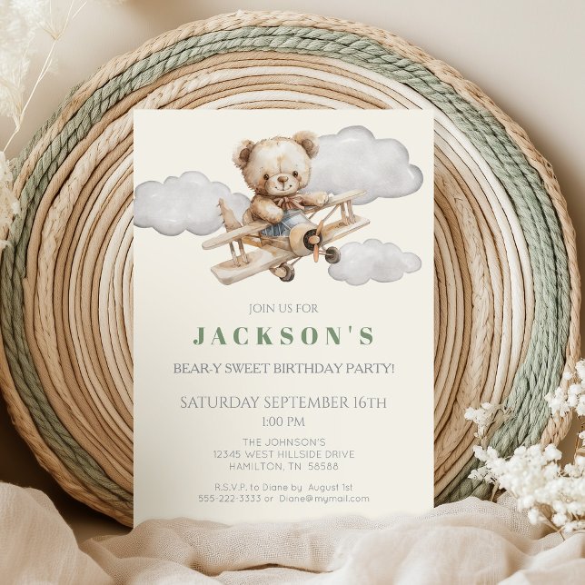 Boho Teddy Bear Aeroplane Birthday Party Invitatio Invitation (Bear-y Sweet Birthday Teddy Bear riding Airplane Invitation)