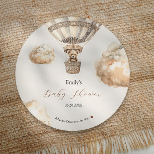 Boho Teddy Bear Air Balloon Clouds Baby Shower Round Paper Coaster