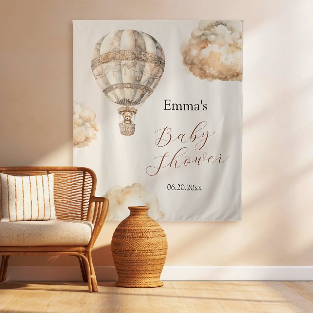 Boho Teddy Bear Air Balloon Clouds Baby Shower Tapestry (Boho Teddy Bear Air Balloon Clouds Baby Shower Tapestry)