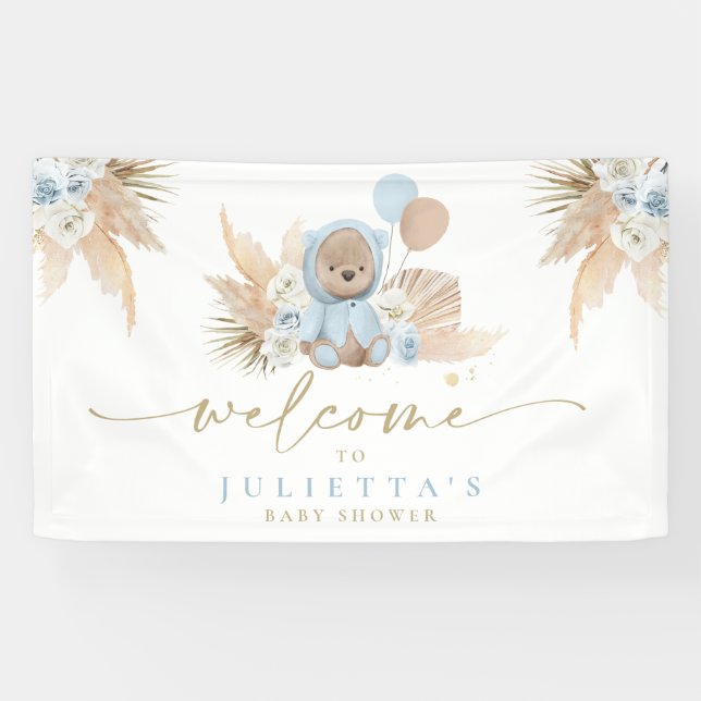 Boho Teddy Bear Baby Shower Boy Blue Bear Welcome  Banner (Horizontal)