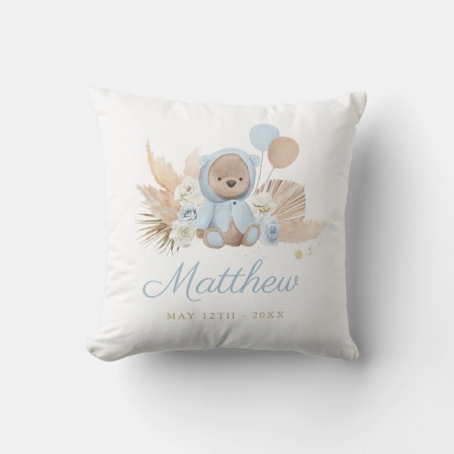 Boho Teddy Bear Baby Shower Gift Boy Blue Bear Cushion (Front)