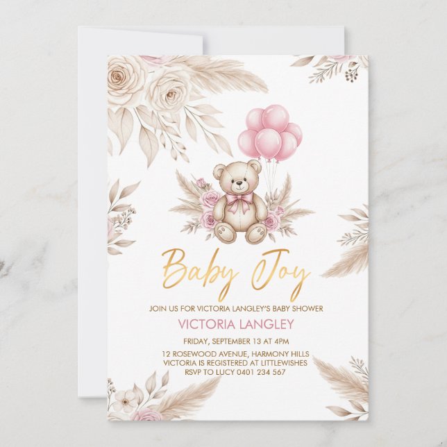 Boho Teddy Bear Baby Shower Invitation (Front)