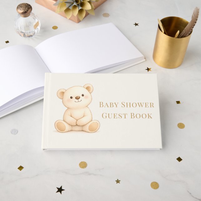 Boho Teddy Bear Baby Shower Neutral Guest Book (Front Open)