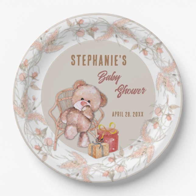 Boho Teddy Bear Baby Shower Paper Plate (Front)