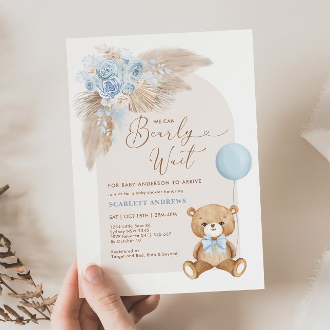Boho Teddy Bear Balloon Pampas Boy Baby Shower Invitation (Creator Uploaded)