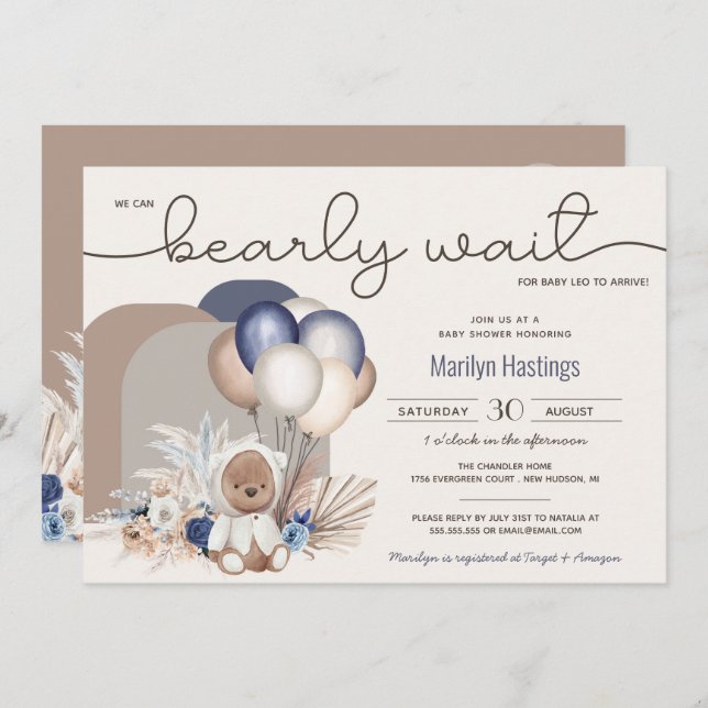 Boho Teddy Bear & Balloons Bearly Wait Baby Shower Invitation (Front/Back)