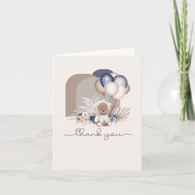 Boho Teddy Bear & Balloons - Blue, Brown, Neutral  Thank You Card (Front)