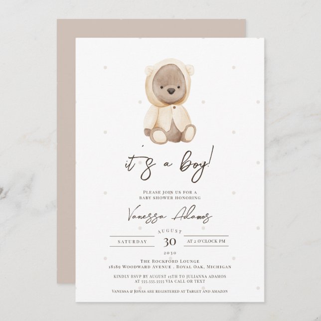 boho teddy bear bearly wait baby boy shower invitation (Front/Back)
