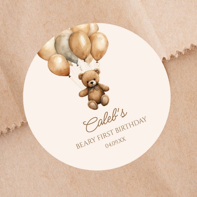 Boho Teddy Bear Beary First 1st Birthday Party Classic Round Sticker (Creator Uploaded)