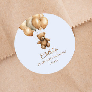 Boho Teddy Bear Beary First 1st Birthday Party Classic Round Sticker