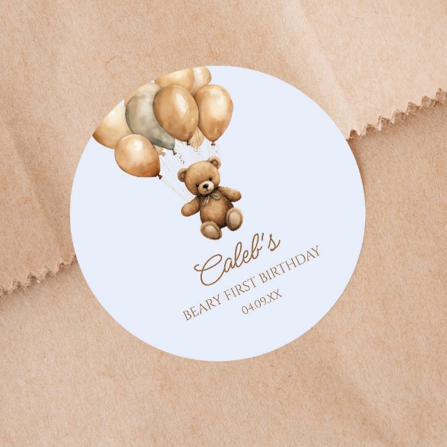 Boho Teddy Bear Beary First 1st Birthday Party Classic Round Sticker (Creator Uploaded)