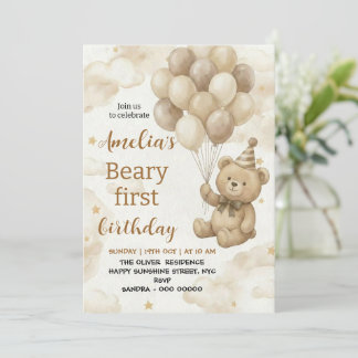 Boho Teddy Bear Beary First 1st Birthday Party Invitation