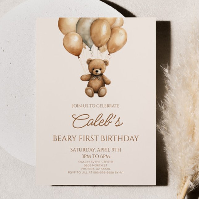  Boho Teddy Bear Beary First 1st Birthday Party Invitation (Creator Uploaded)