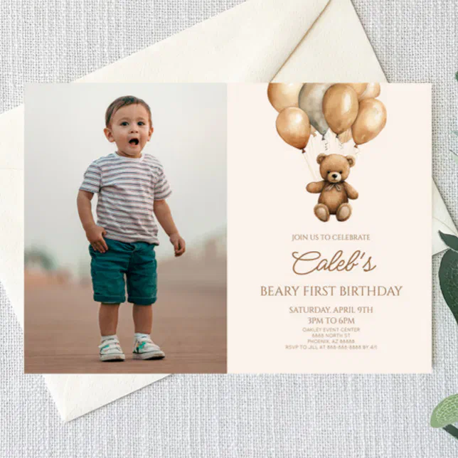 Boho Teddy Bear Beary First 1st Birthday Party Invitation | Zazzle