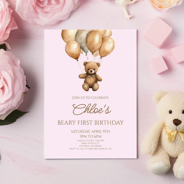  Boho Teddy Bear Beary First 1st Birthday Party Invitation (Creator Uploaded)