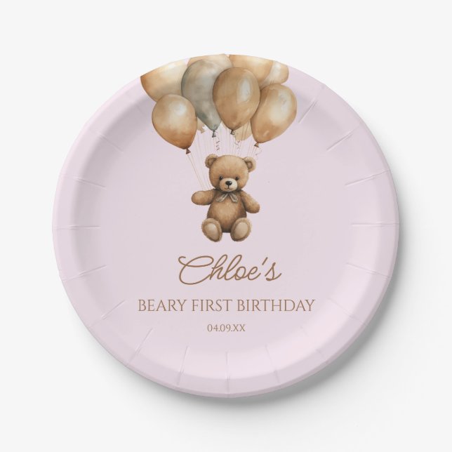 Boho Teddy Bear Beary First Birthday Party Paper Plate (Front)